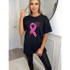 Black Oversized T Shirt With Pink Ribbon And Feather Print For Breast Cancer Awareness Casual Wear