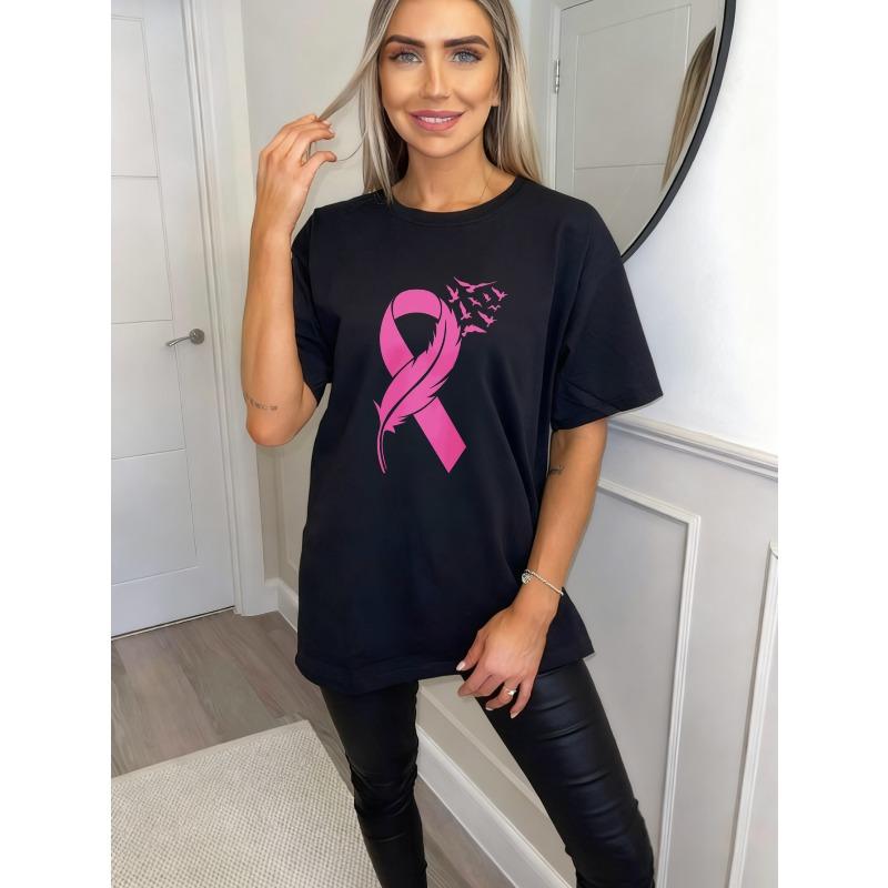 Black Oversized T Shirt With Pink Ribbon And Feather Print For Breast Cancer Awareness Casual Wear