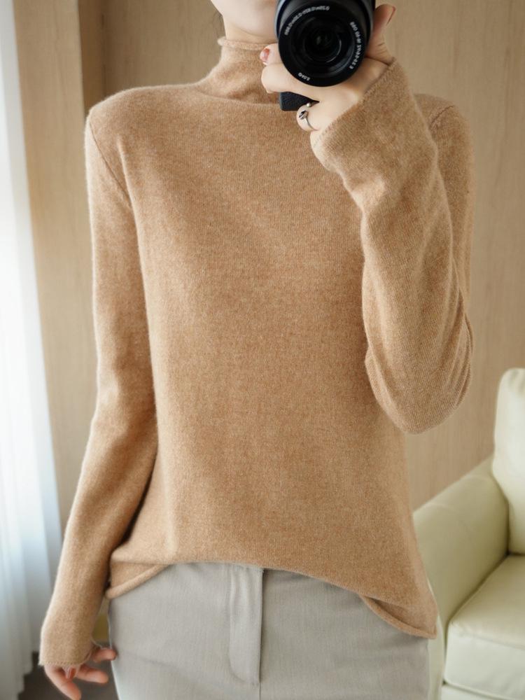 Women's 100% Pure Wool Turtleneck Sweater - Fashionable Autumn/Winter Knitted Cashmere Base Layer Top