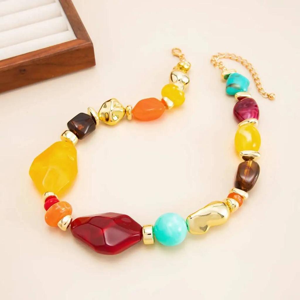 SHIXIN Boho Creative Colorful Resin Bead Short Choker Necklace Women Vintage Irregular Adjustable Sweater Clavicle Chain Jewelry