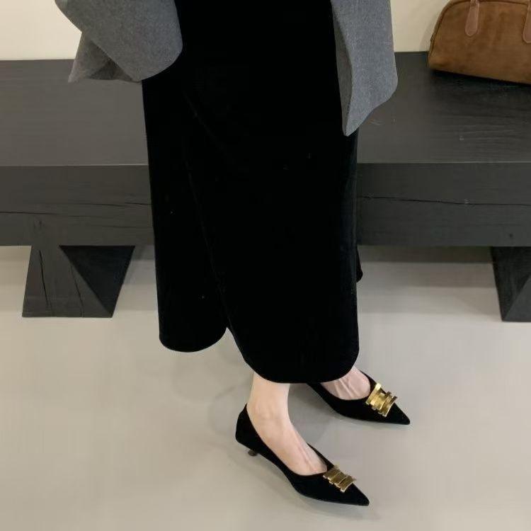 Black Metal Buckle Loafer Shoes For Women With Pu Material For Work And Office Use