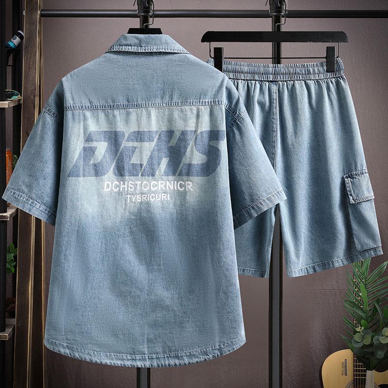 Men's Harajuku Denim Short Sleeve Shirt and Shorts Set 811
