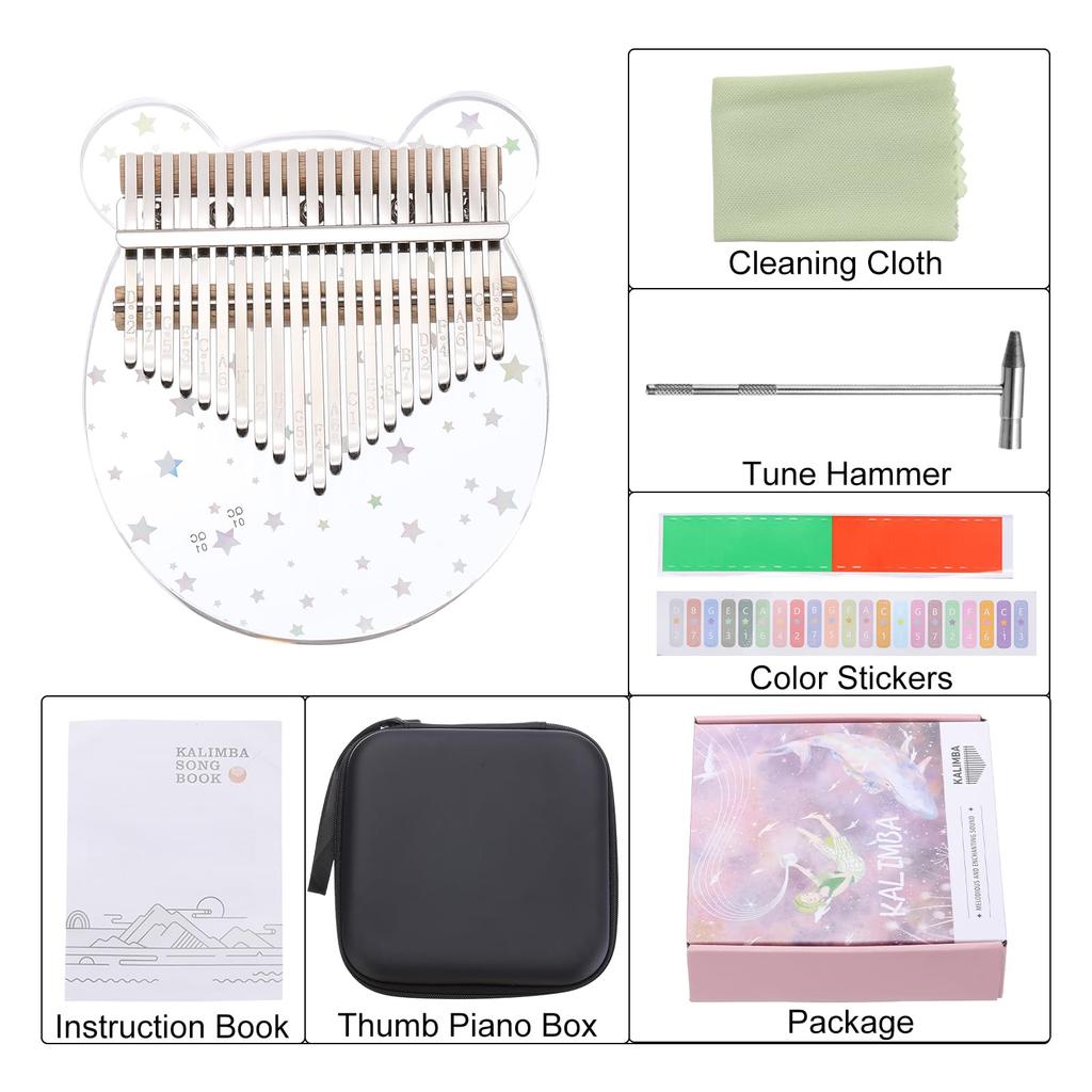uxcell 21-Key Thumb Piano, Transparent Star Bear Portable Finger Piano, Carrying Box, Music Stickers, Tuning Mallet, Cleaning Cloth, Gift