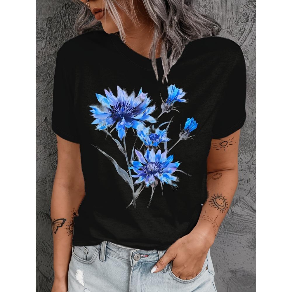 

European and American Trendy Women s Pullover Round Neck 3D Flower Digital Printed Top Summer Short Sleeve Loose Women s T-Shirt M