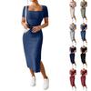 Women’s Square Neck Short Sleeve Ribbed Knit Fitted Midi Dress with Side Slit Bodycon Casual Style for Daily Wear