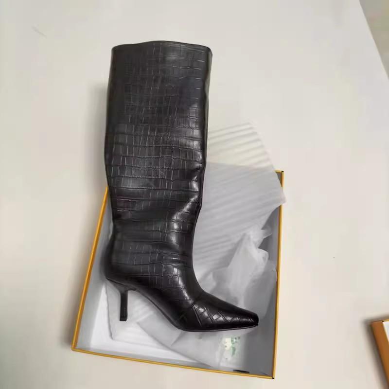 2025 new Mona same square head high heel white knight boots crocodile pattern tall tube European and American but knee long boots