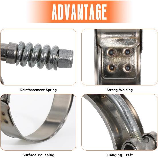 T-Bolt Hose Clamps, Adjustable Working Range 2.52"-2.83"(64-72mm), Stainless Steel Hose Clamps with Reinforcement Spring for Automotive, Turbo Tubes,