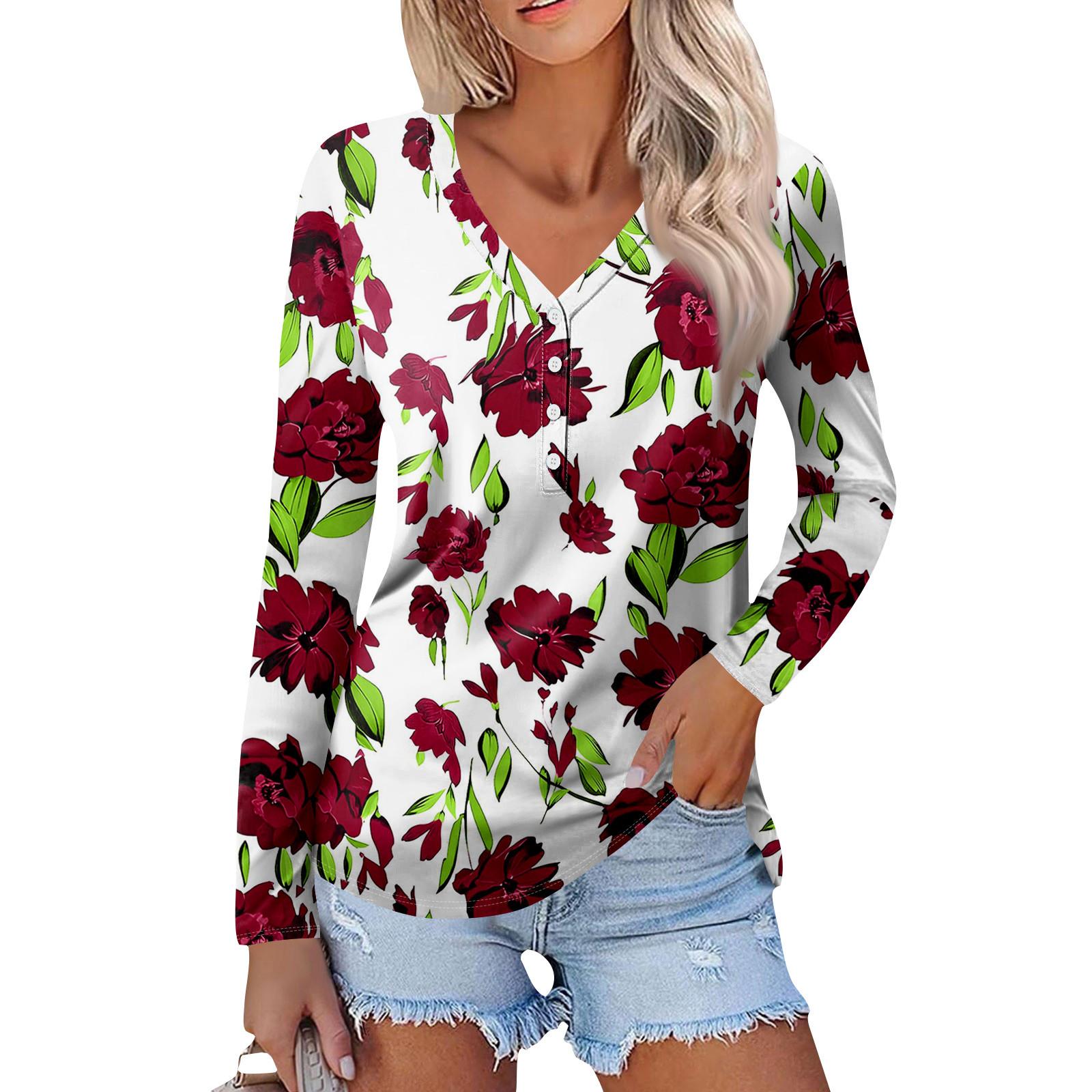 

Женская повседневная свободная модная рубашка с длинным рукавом, V-образным вырезом и пуговицами, в стиле ретро с цветочным принтом XL винный