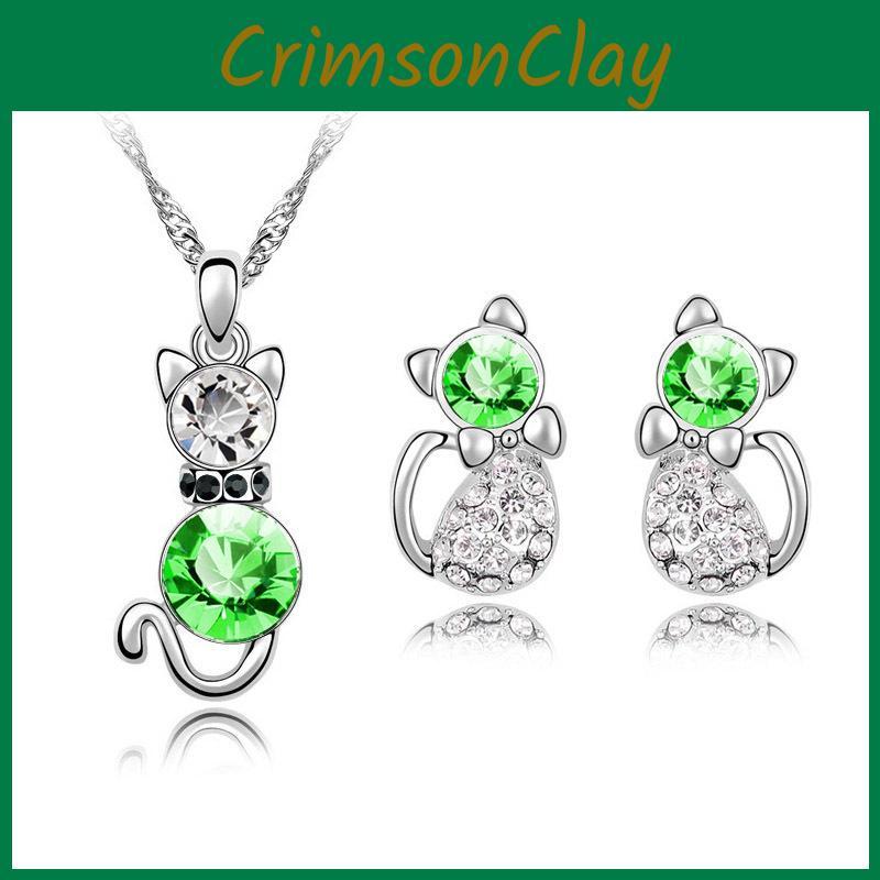 Crystal Cat 3pcs Shaped Necklace Earrings Jewelry Set  Gift Teen Girls For Women