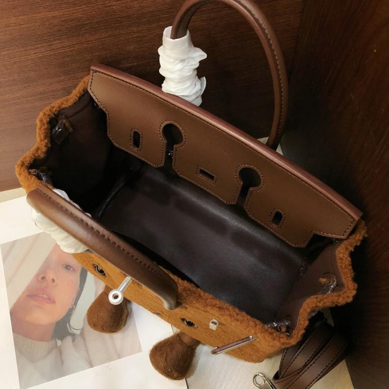 Cute Plush Smiley Crossbody Bag Top Grain Leather With Lamb Wool Fashion Single Shoulder