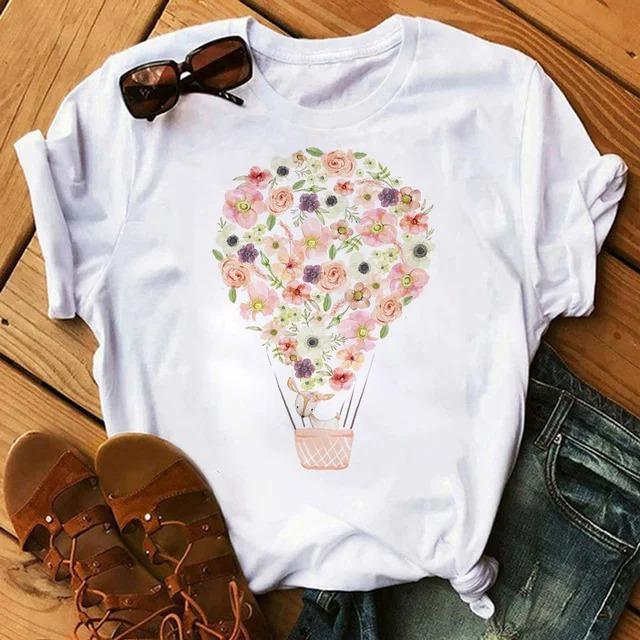 Cartoon Colored Hot Air Balloon Tshirt Womens Summer Round Neck Comfortable Top for Girls Anime Streetwear