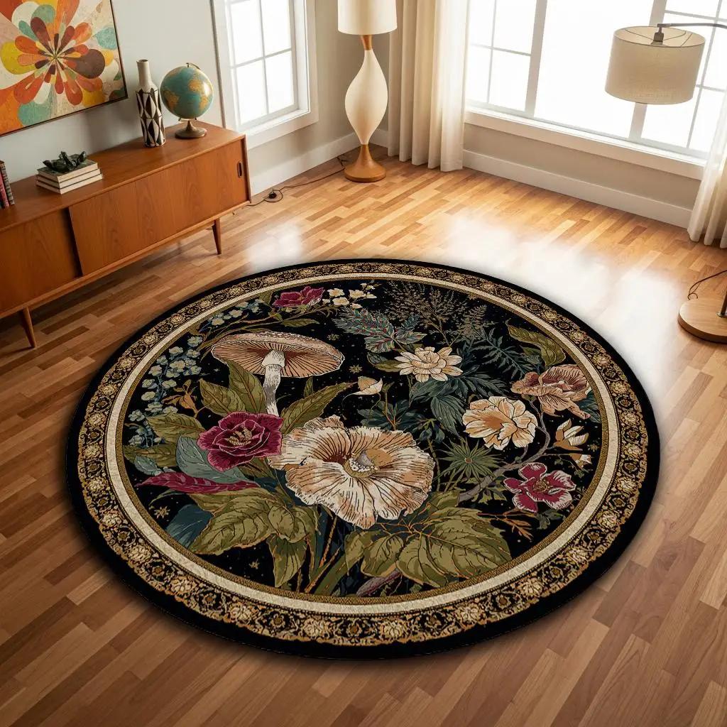 Round Botanical Floral Area Rug for Living Room Boho Chic Style Indoor Decor Natural Greenery Design
