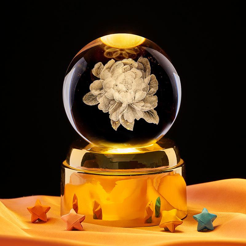 Peony 3D Crystal Ball Night Light - Creative Ornament & Birthday Gift for Qixi Festival