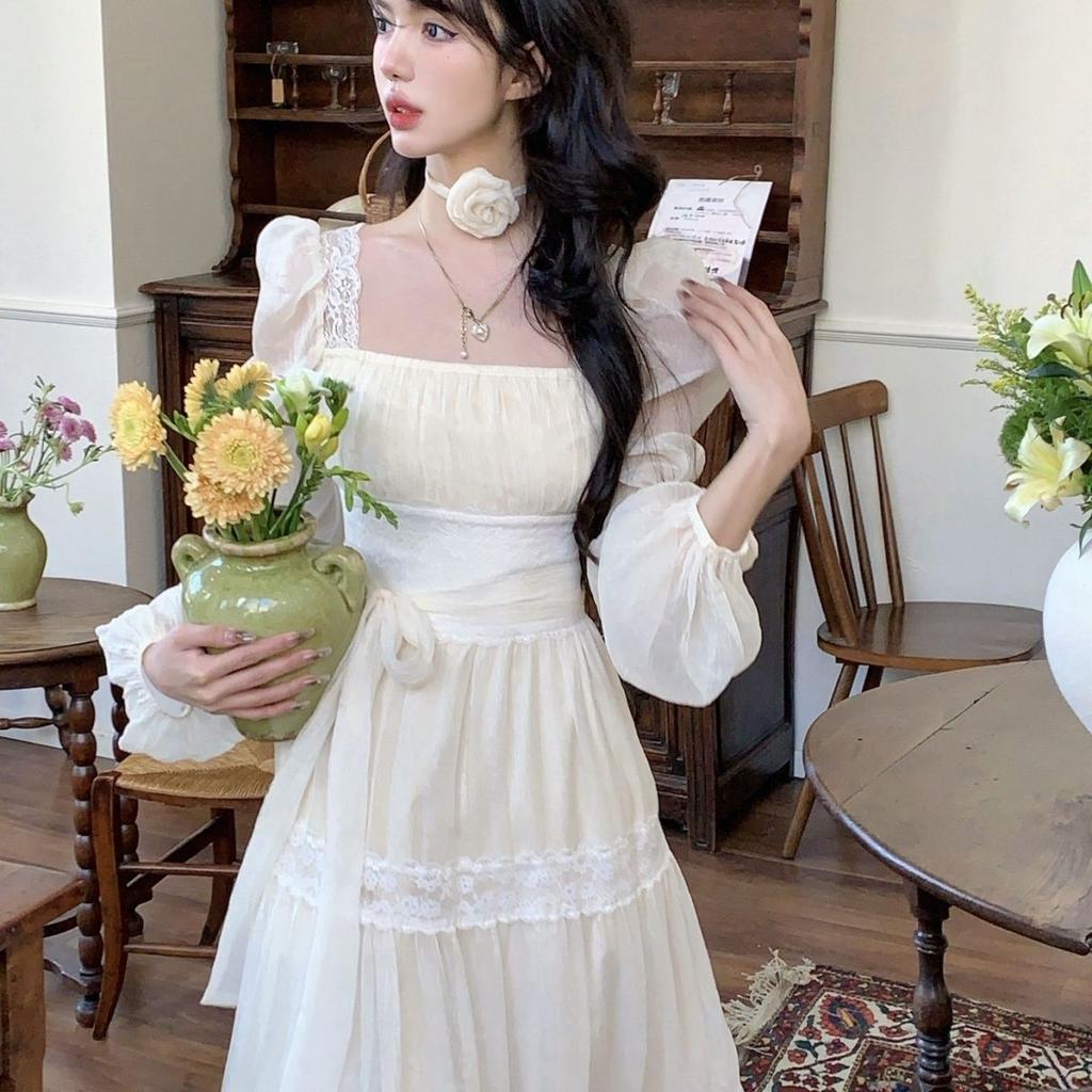 Spring Lace Square Neck Fairy Dress Elegant Waist-Cinching Slim-Fit Chiffon Long Skirt Beach Dress