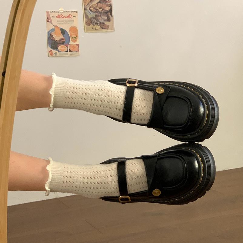 Dames Lente 2025 Zwarte Mary Jane Leren Schoenen - Ronde Neus, Dikke Zool, JK Stijl
