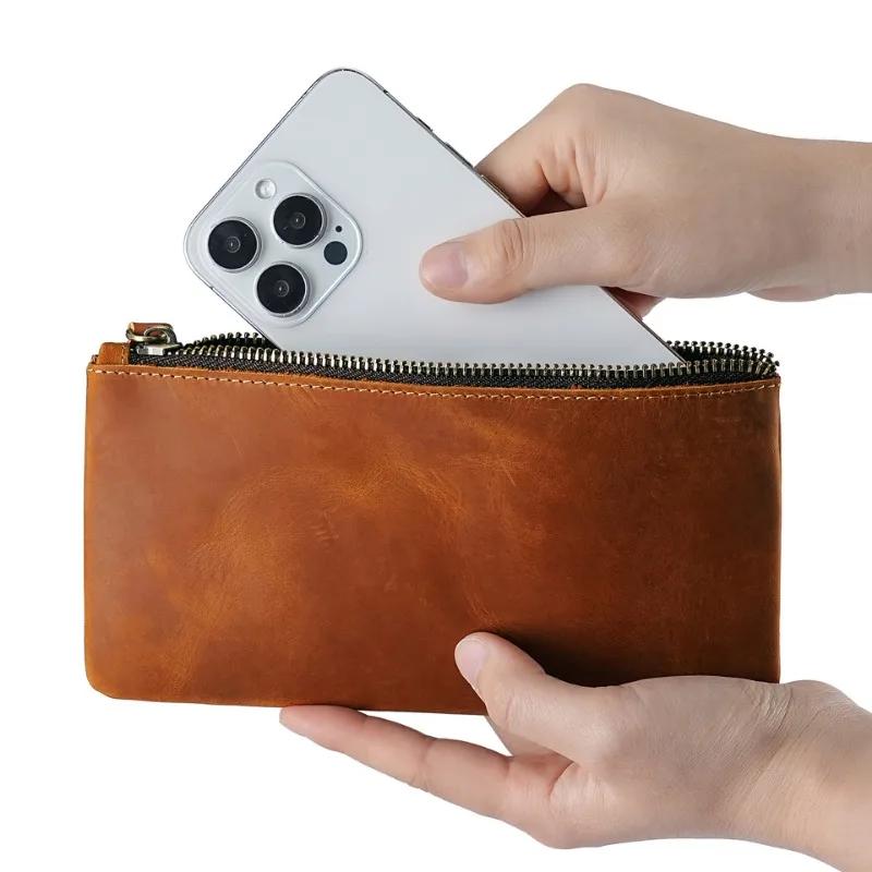 Retro Crazy Horse Leather Zipper Pen Bag Portable Large Capacity Pen Case Pencil Bag Teacher Bag Vintage Long Wallet for Men
