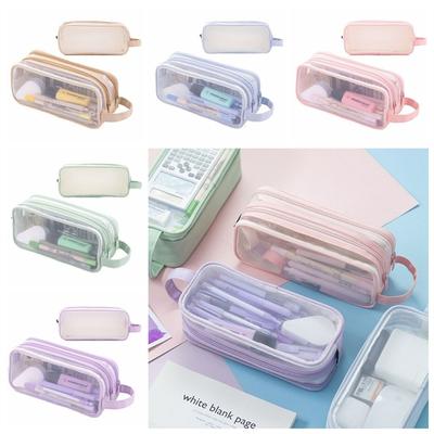 Large Grid Mesh Pencil Case Two Compartment Marker Pouch Stationery Organizer Transparent Multi-Color Pencil Bag Makeup Bag