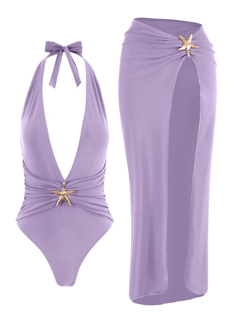 Women's Sexy Halter One Piece Swimsuit Wrap Half Skirt Beach Cover Up 2026 Holiday Chic High Cut Out Swimwear Two-piece Set K59