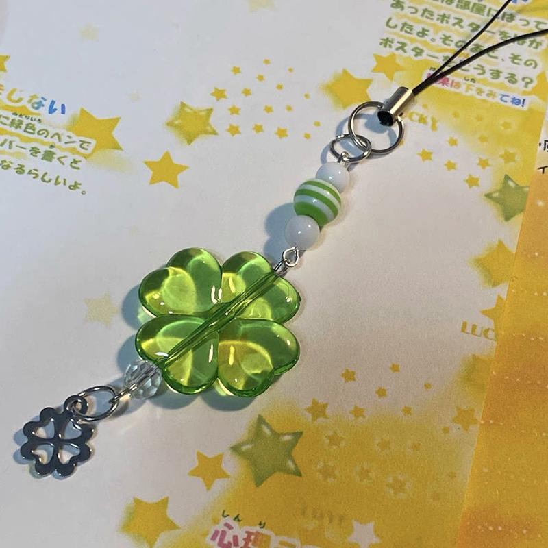 Y2K Trendy Lucky Grass Star Bear Phone Charms Sweet Four-Leaf Clover Beaded Keychain Bag Pendant Decoration For Women Girls Gift