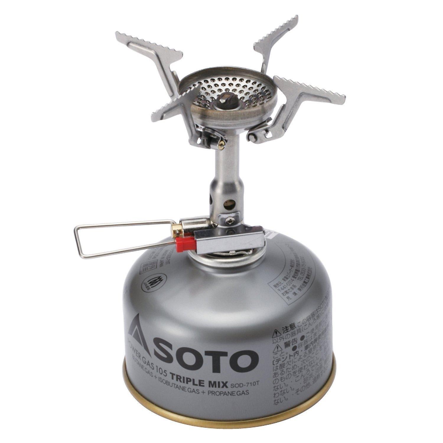 SOTO Amicus SOD-320, компактная одноконфорочная плита с чехлом для хранения и баллоном OD, идеально подходит для соло-кемпинга и альпинизма.