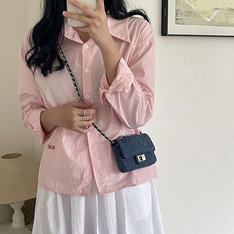 Mini Flip Lock Chain Rhombus Bag Women's Shoulder Crossbody Bag Premium Embroidery Thread Denim Bag Women