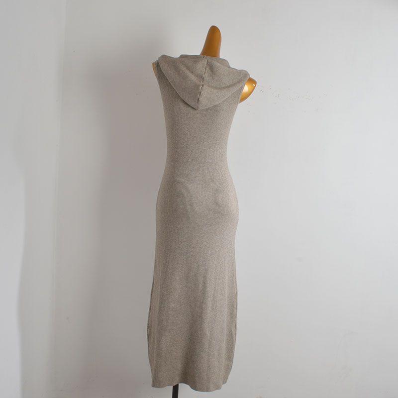 French Sexy Hooded Knitting Dress Women's Spring & Fall New Arrival Pure Color Sexy Waist-Tight Slim Looking Sleeveless Long Jumper Dress