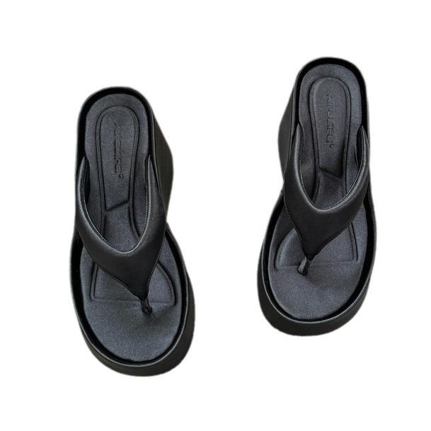 New National Style Silk Black Herringbone Thick-soled Slippers Women's 2025 Summer New Outer Wear Beach Slope Heel Heightened Cool Slippers