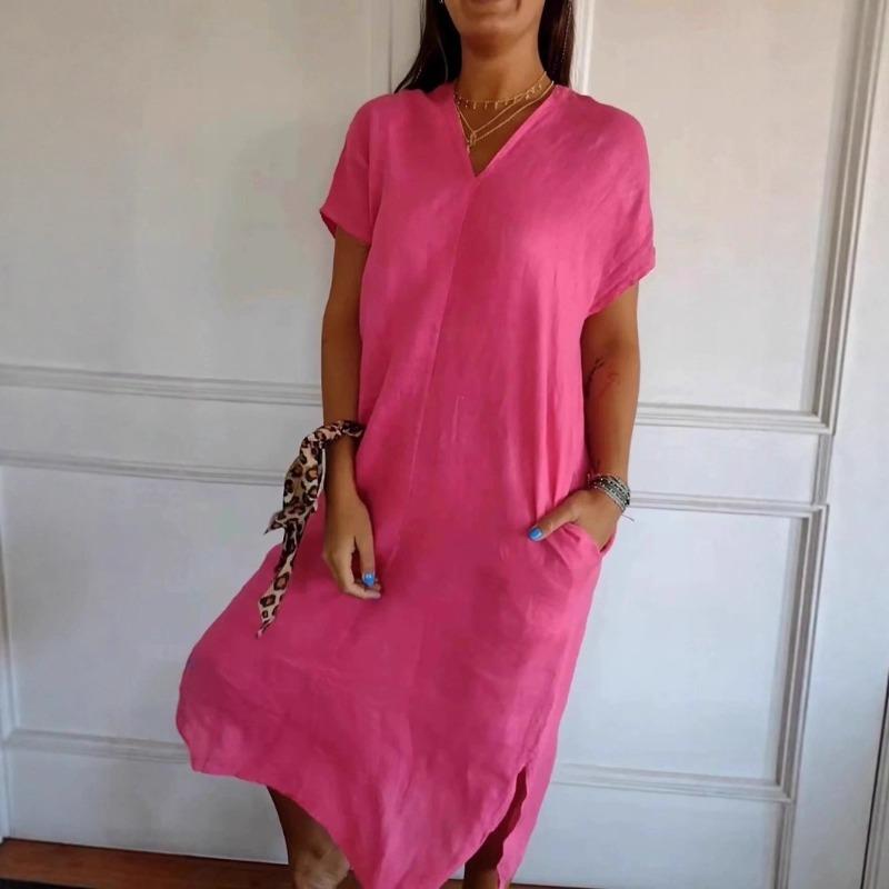New Spring/Summer Women's V-neck Cotton-Linen Short-Sleeve Slit Loose-Fit Dress
