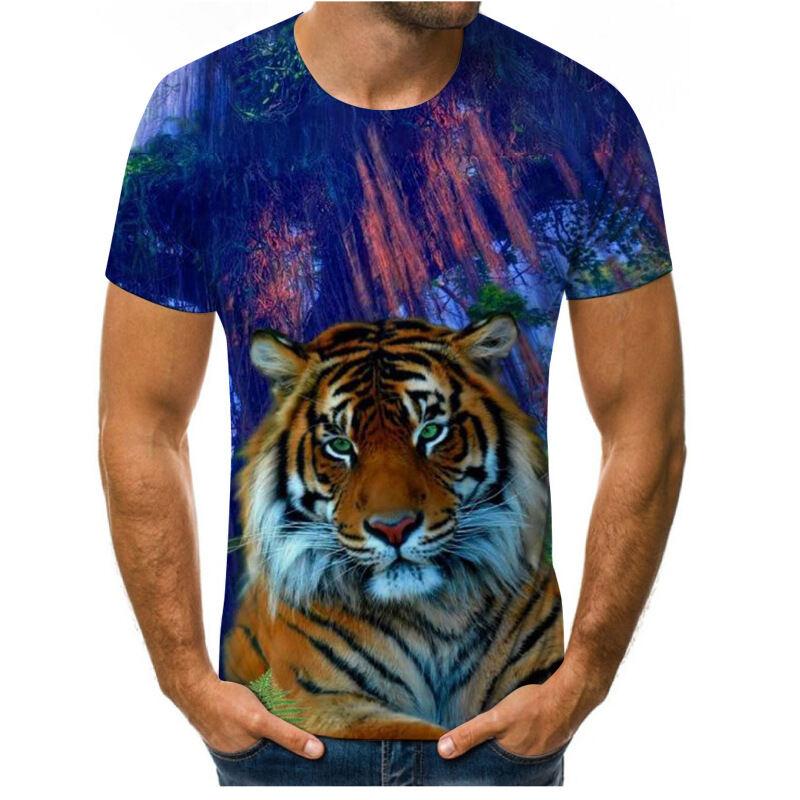 Summer New Style 3D Digital Print round Neck Short Sleeve T-Shirt Lion Tiger Pattern Men's Casual Top Quality Polyester V-Neck