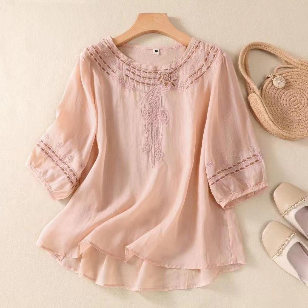 

Новая летняя женская одежда в стиле ретро, хлопково-льняная рубашка с вышивкой, круглый вырез, свободный тонкий стиль M розовый