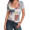 Women's Slim Fit Short Sleeve Top Square Neckline Vintage Floral Print Patchwork Design Casual Lightweight Blouse