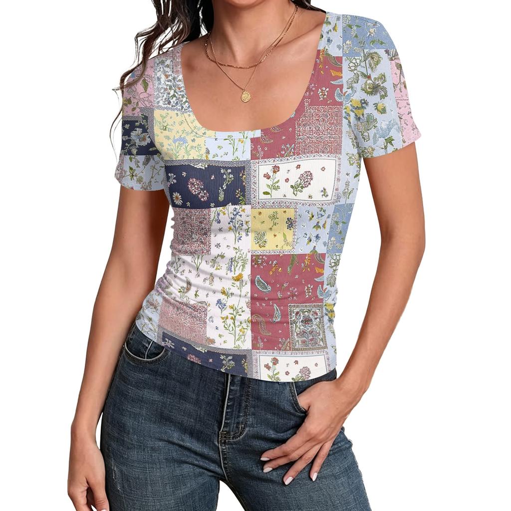 Women's Slim Fit Short Sleeve Top Square Neckline Vintage Floral Print Patchwork Design Casual Lightweight Blouse