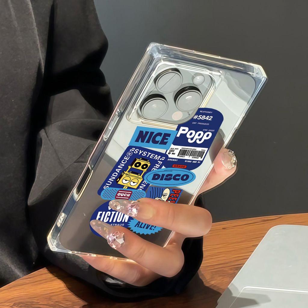 Transparente Quadratische Rückseite Röhrenhülle Schutz Für iPhone 12 13 16 ProMax 14 Pro Max 11 15 Plus Anti-Sauerstoff, Niedliches Cartoon Englisches Muster Hülle