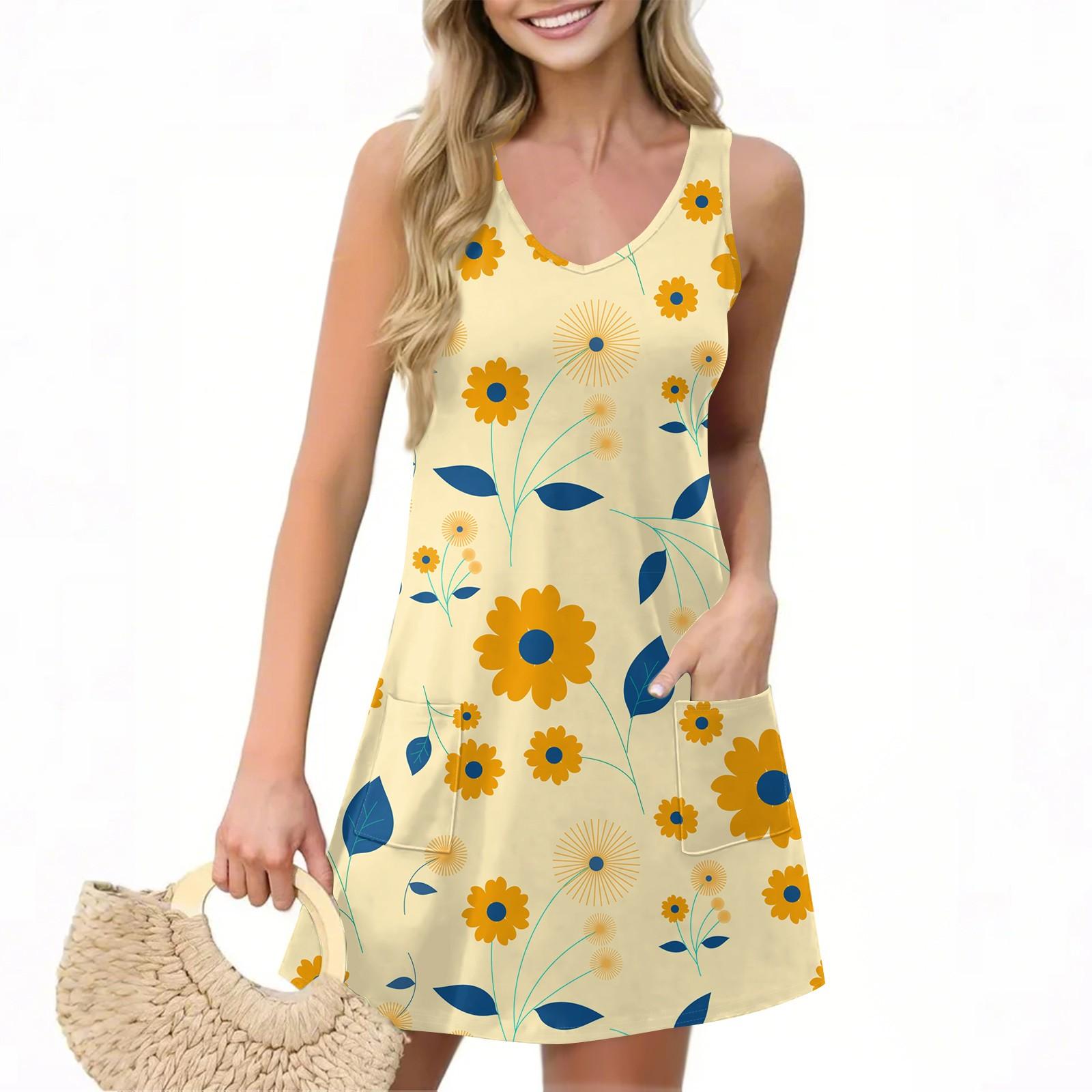 

Женское повседневное летнее платье-жилет с карманами, цветочным принтом, V-образным вырезом, без рукавов XXL