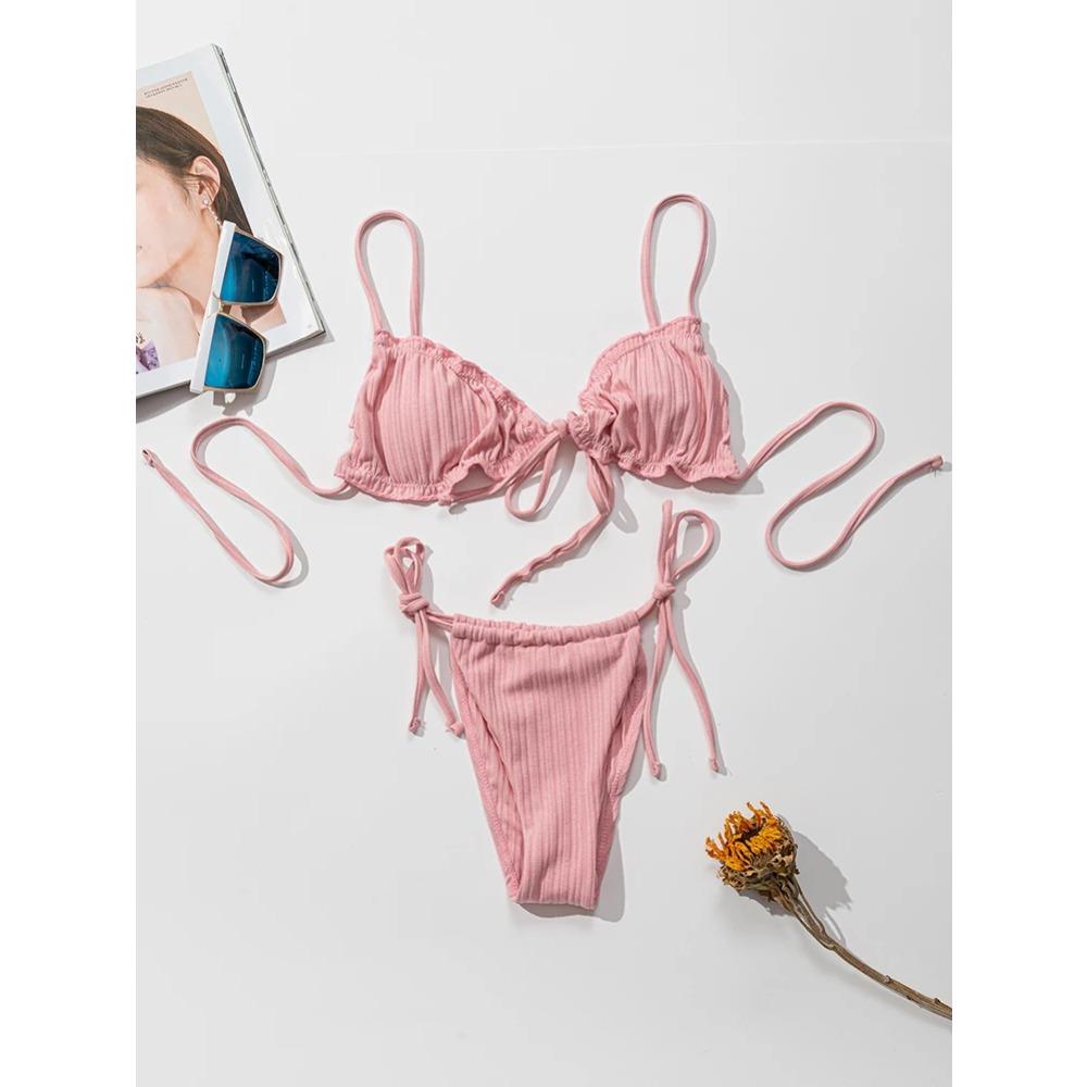 New 2025 Sexy Swimsuit Pit Stripe Bikini Women Swimwear  Bathing Suits Push Up Biquinis Bandage Beachwear Solid Bikini Sets