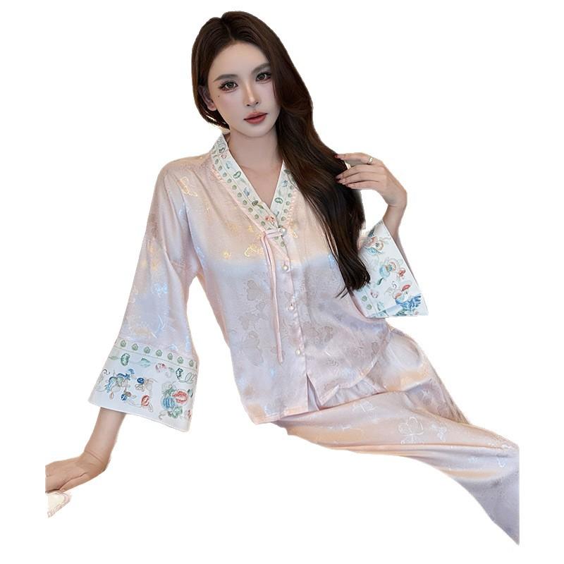 Ice silk sweet wind nightdress loungewear suit women's summer thin satin comfortable large size can be worn outside pajamas