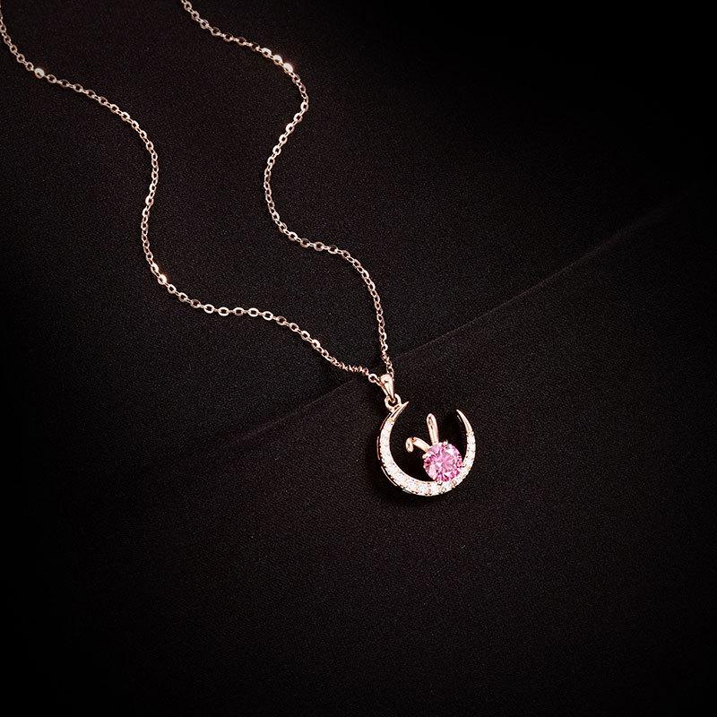 Women's Light Luxury S925 Silver Necklace with Pink Moissanite Rabbit Pendant - Jade Rabbit Zodiac Design