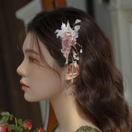 Hair Clip Butterfly Flower Wisteria Glass Hairpin Flower Beads Tassel Hair Claw Multi-functional Styling Hair Accessories