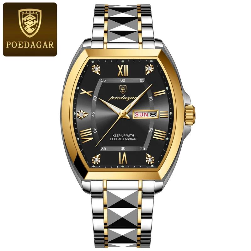POEDAGAR Stainless Steel Watch Men Luxury Brand Business Luminous Waterproof Male Clock Tonneau Case Calendar Men Quartz Wristwatches