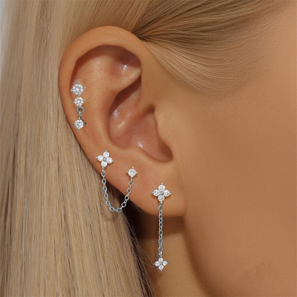 

3PCS Four Leaf Flower Tragus Stud Earring Set For Women Fashion Chain Stud Earring Cartilage Hoops Clicker Helix Jewelry Bulk