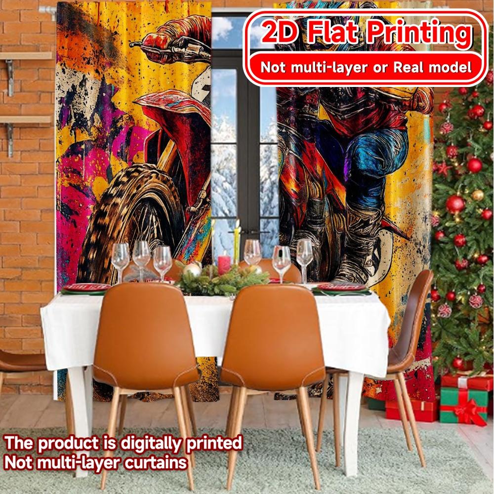Set Of 2 Flat Printing Dynamic Rider Chic Curtains Polyester Easy Install Home Decor Perfect Digital Living Curtain