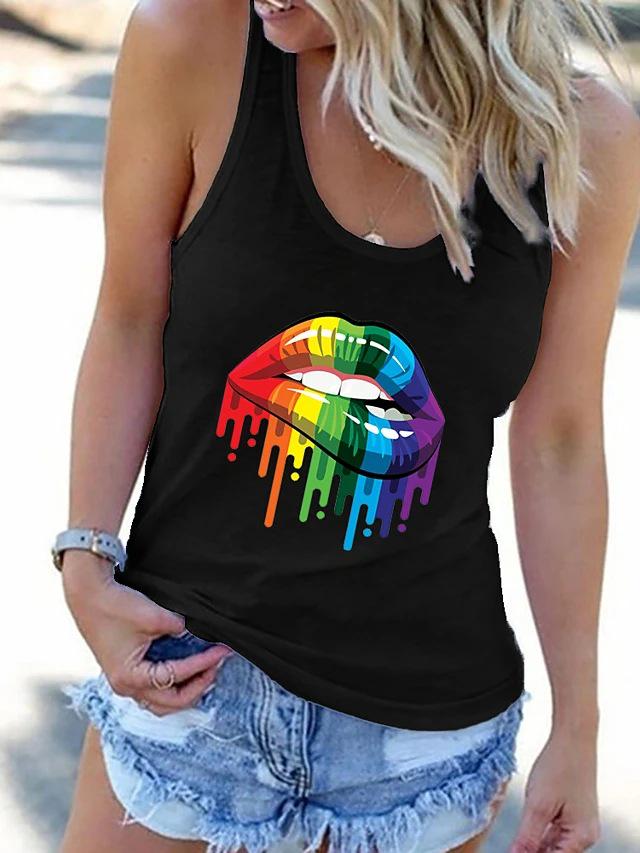 

Women s 2025 Summer Lip Print Crew Neck Tank Top S чорний