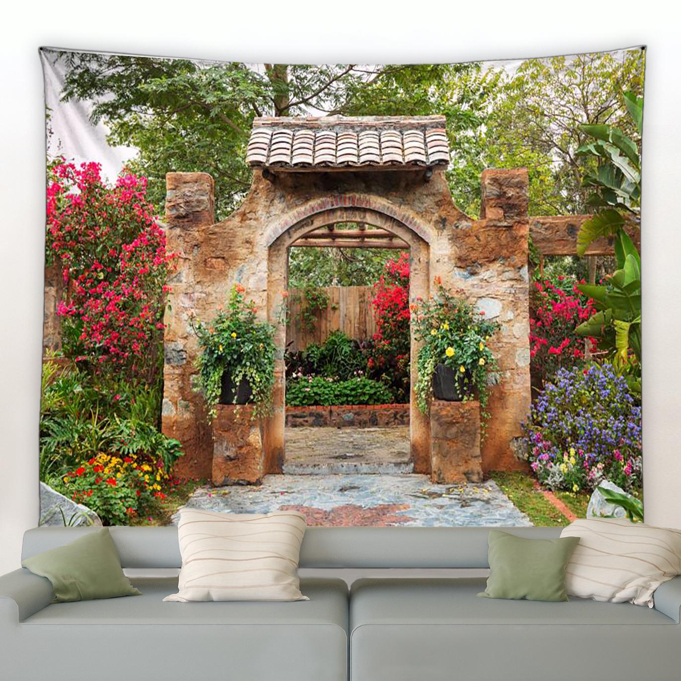 

Винтажный уличный гобелен с природными цветочными растениями, настенный гобелен с каменной стеной, синяя деревянная дверь, цветочный гобелен, украшение для комнаты 100X75CM