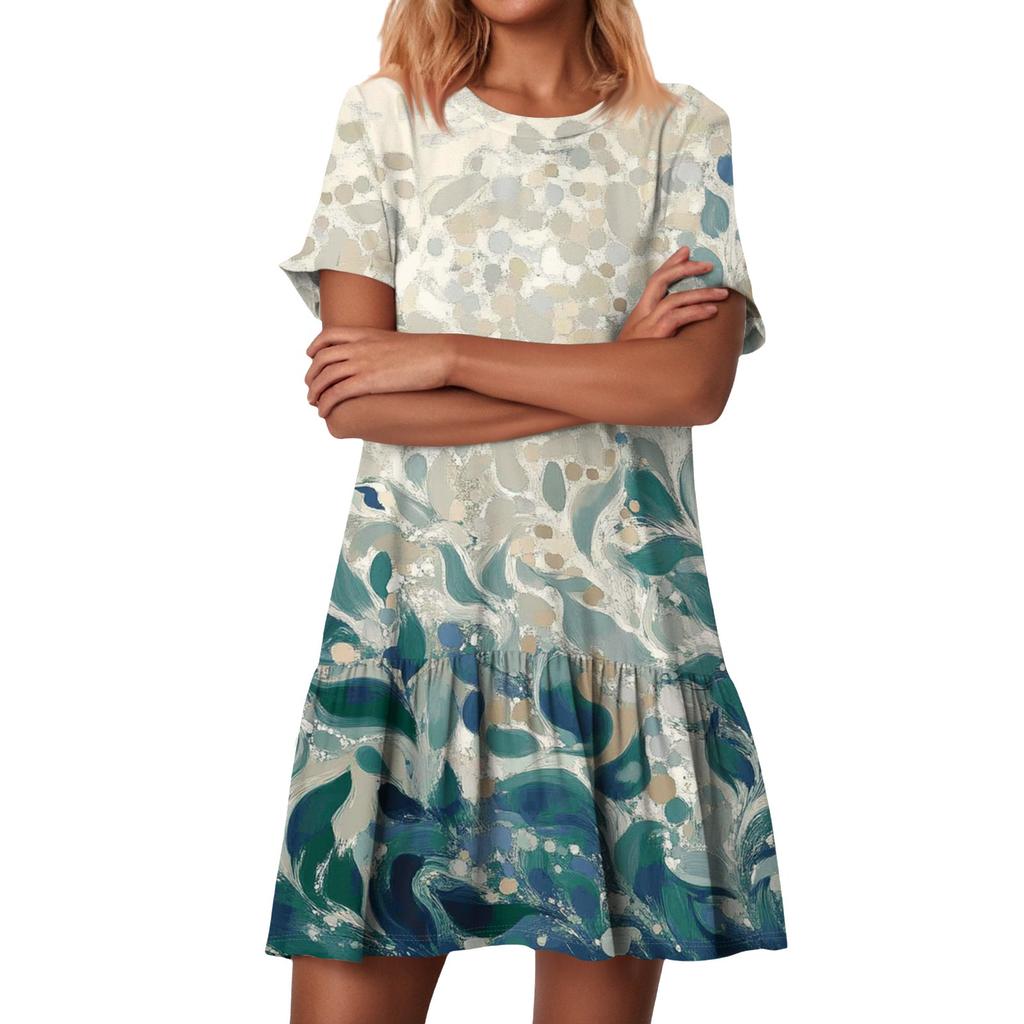 Women's Fashion Casual Round Neck Short Sleeve Ruffled Vintage Printed Dresses