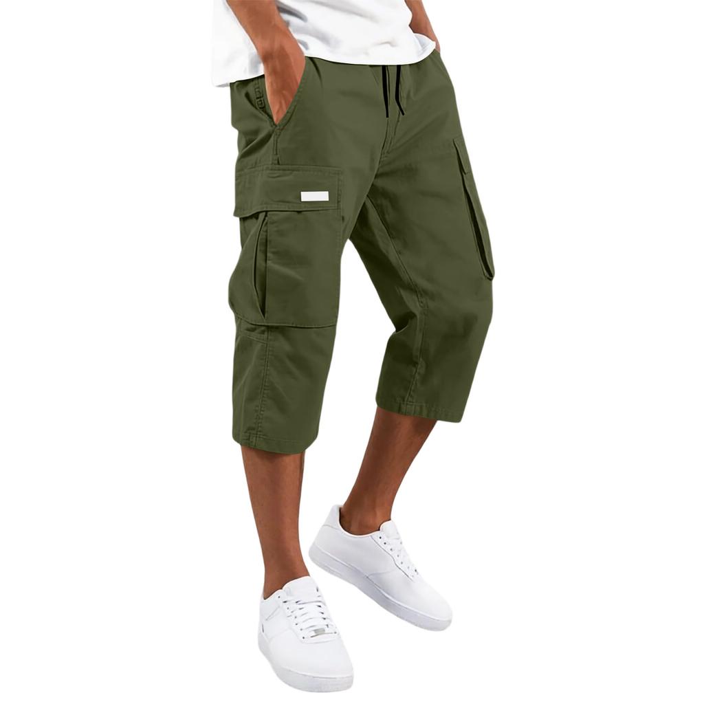 Men’s Drawstring Waist Multi Pocket Cargo Capri Pants Relaxed Fit Seven Quarter Length Casual Trousers for Everyday Wear