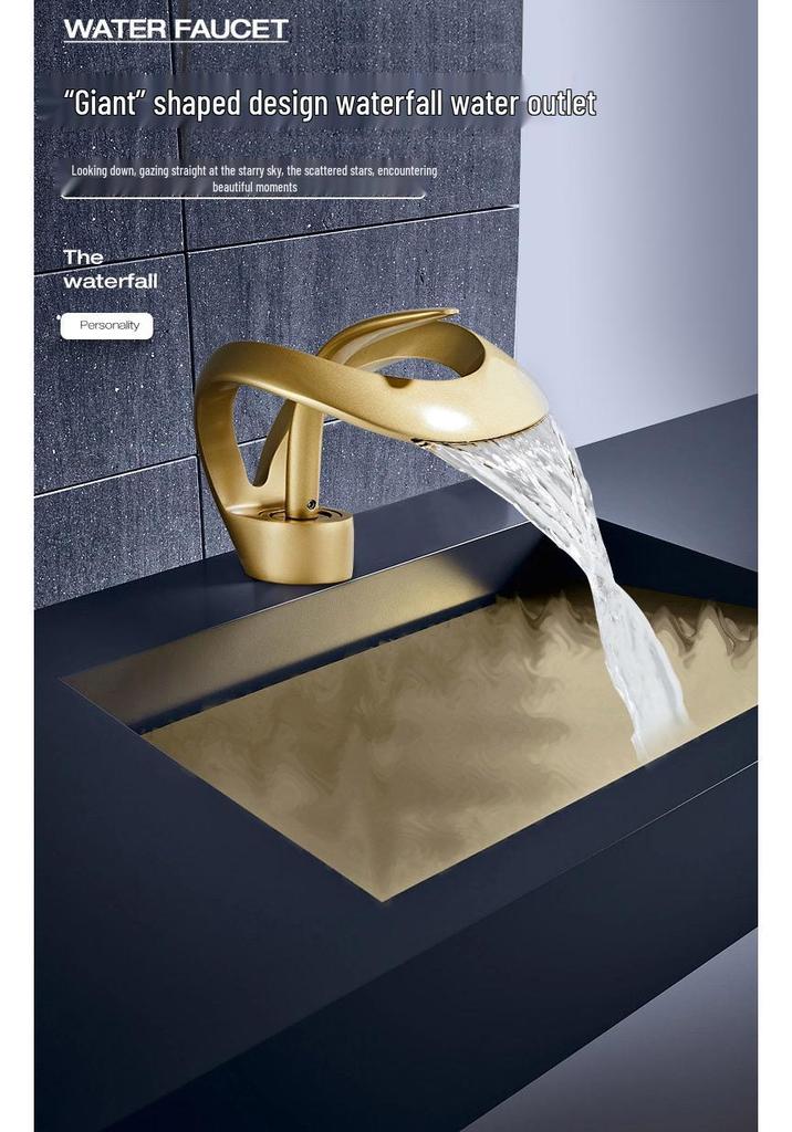 High-End European Style Brass Waterfall Basin Faucet in Golden Finish for Luxury Hotels and Villas