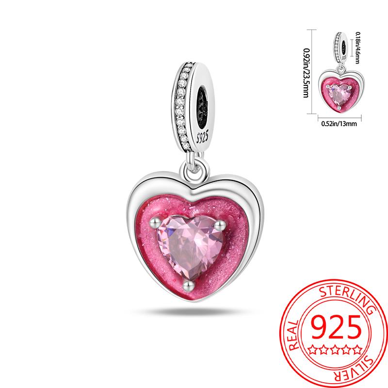 Breloque Pendentif Perles Cœur Rose Scintillant Cuivre Compatible Bracelet Original Pour Femmes Bijoux Cadeaux Saint-Valentin