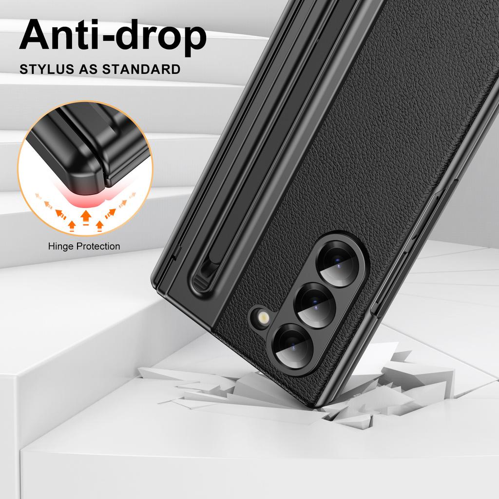 For Samsung Z Fold 7 6 5 4 8 Ultra Hinge Protective Case PC + PU texture + tempered film Front Screen Protector (With touch pen)