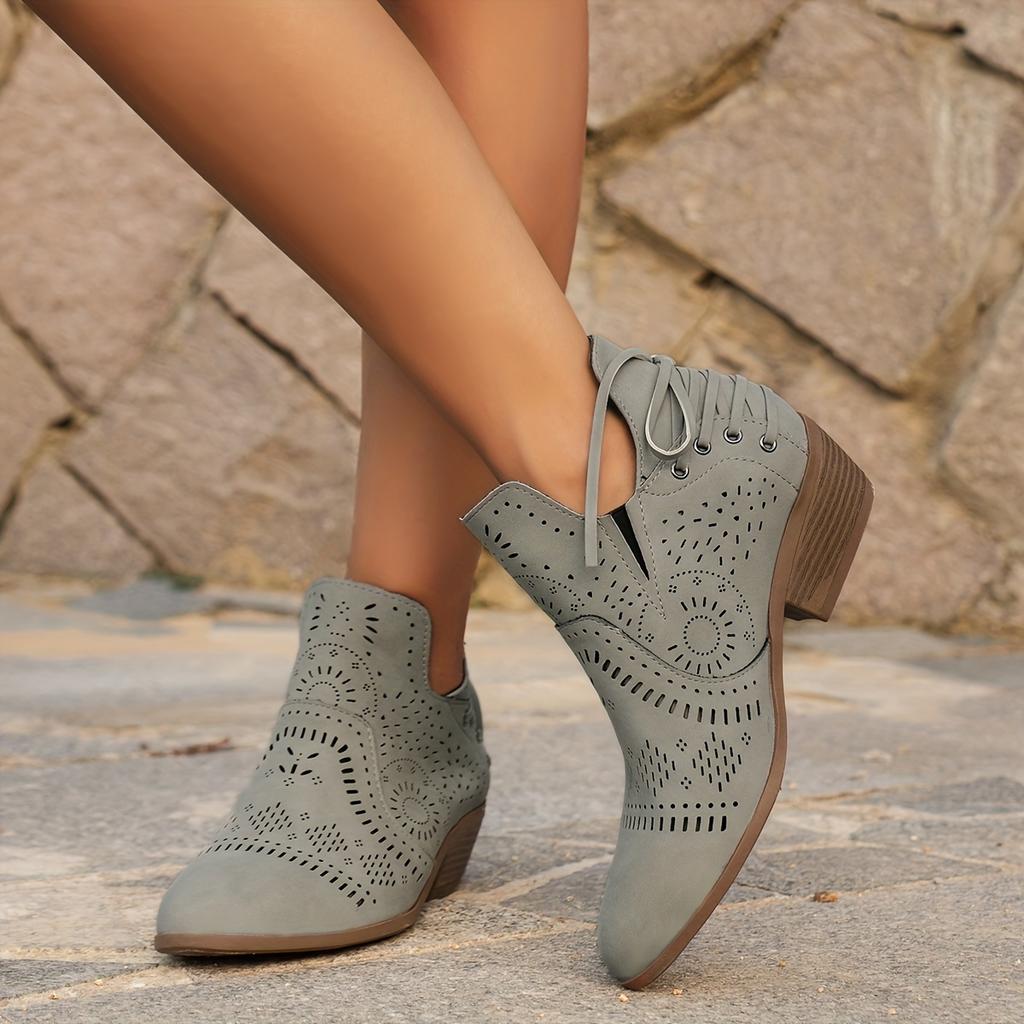 Sleek Silhouette, Chic Women's Slip-On Ankle Boots with Chunky Heel - Faux Cover, Breathable Hollow Design, Versatile Solid Color