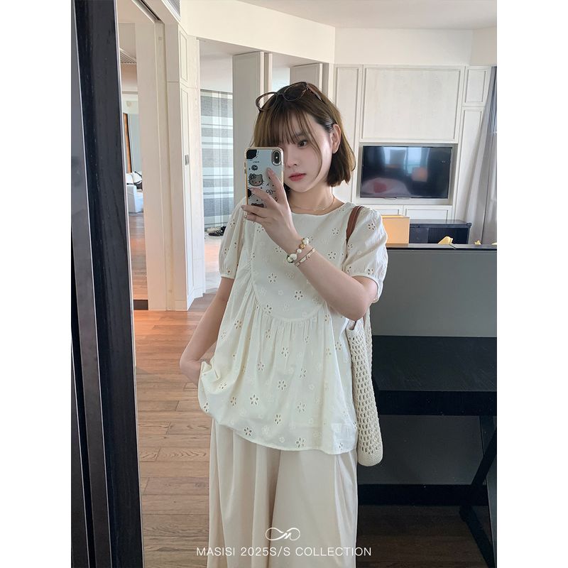 

Maxi Plus Size Women s Shoulder Embroider Short-Sleeved Blouse Summer Plus Size Ladies Loose Slimming Youthful-Looking Small Shirt Top Beige (Second Batch) M